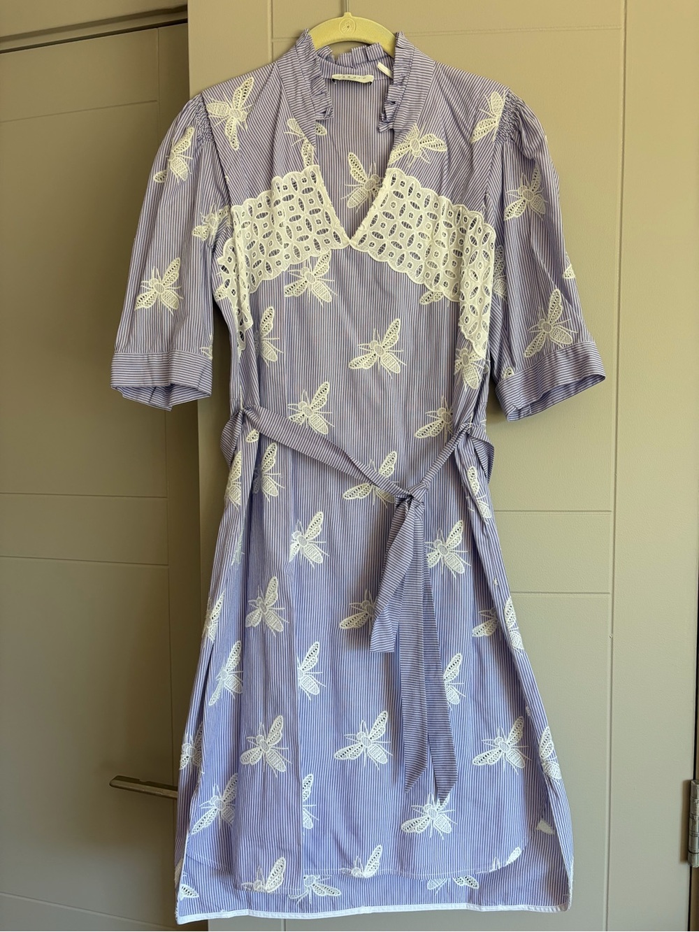 Sandro Lavender-Striped Midi Wrap Dress with White Crochet Insets